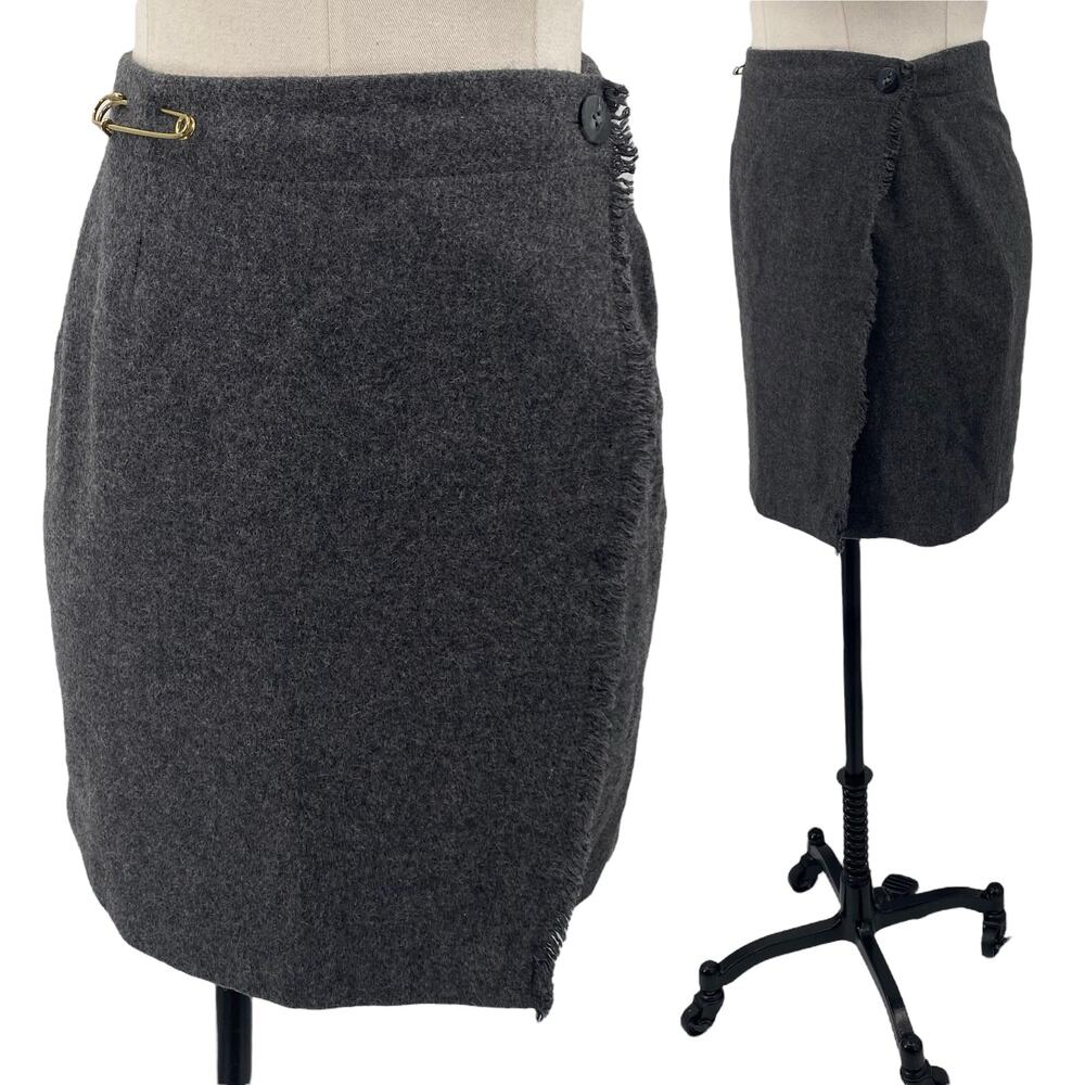 Vintage Y2k GAP Wool Wrap Skirt Fray Trim Safety Pin Detail Mini Gray Womens XS